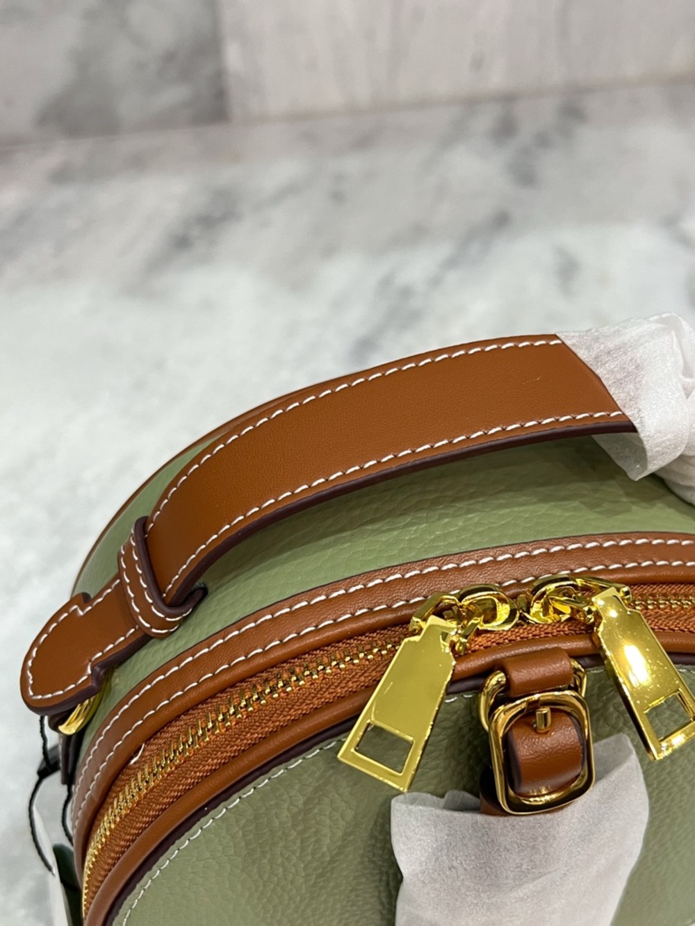 Genuine Pebbled Leather Olive and Tan Round Zippered Crossbody Bag - Picture 11 of 12